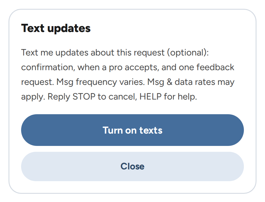 The Details sheet of the service request form: the full SMS disclosure and a button to turn texts on.