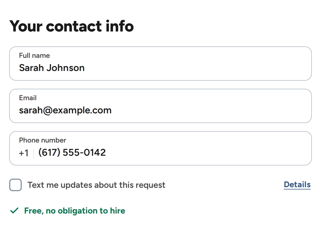 Homewise Connect service request form: the phone number field with the optional SMS box and its Details link under it.