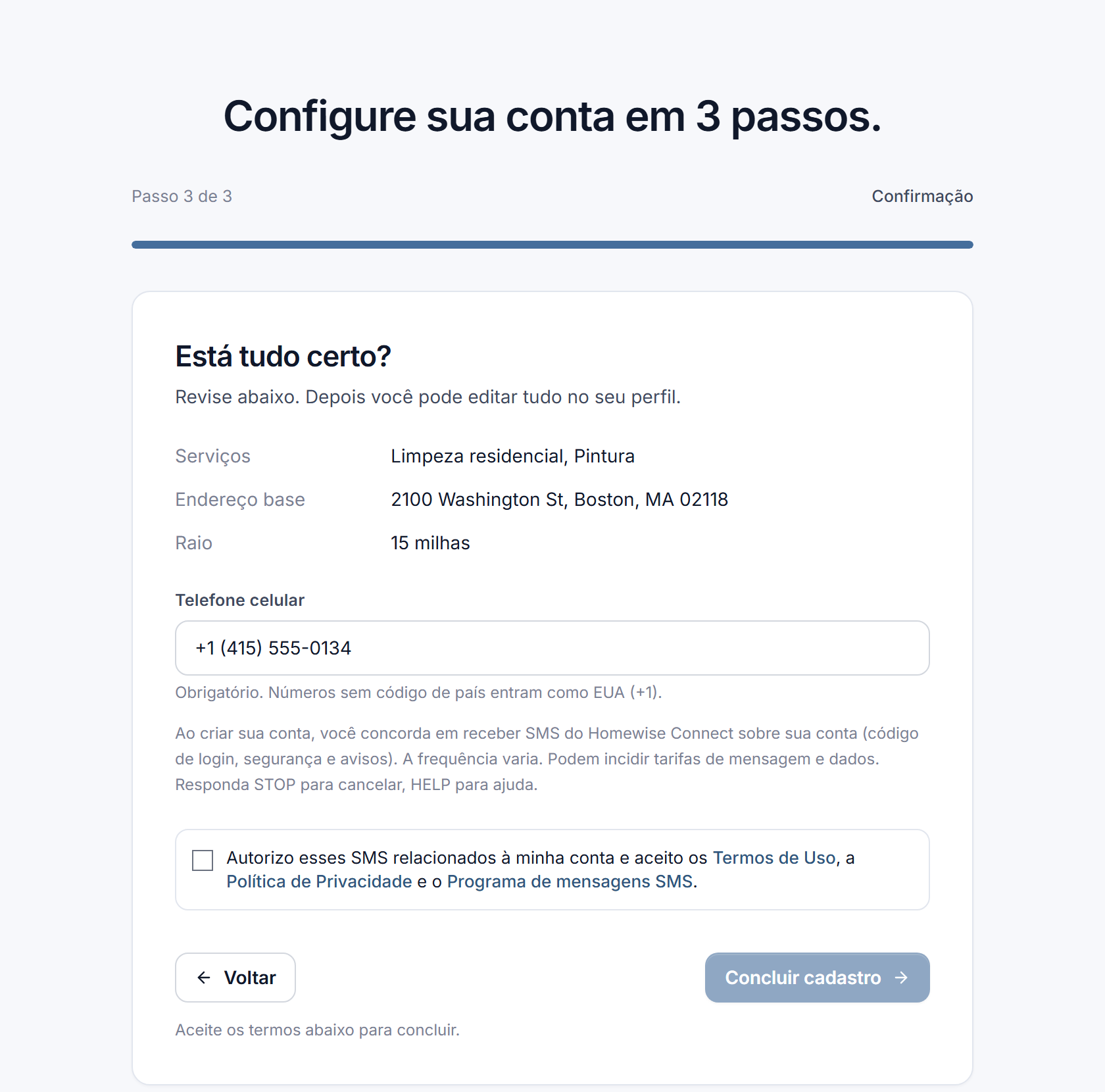 Homewise Connect onboarding screen: the mobile phone number field, the SMS consent disclosure, and the consent checkbox.